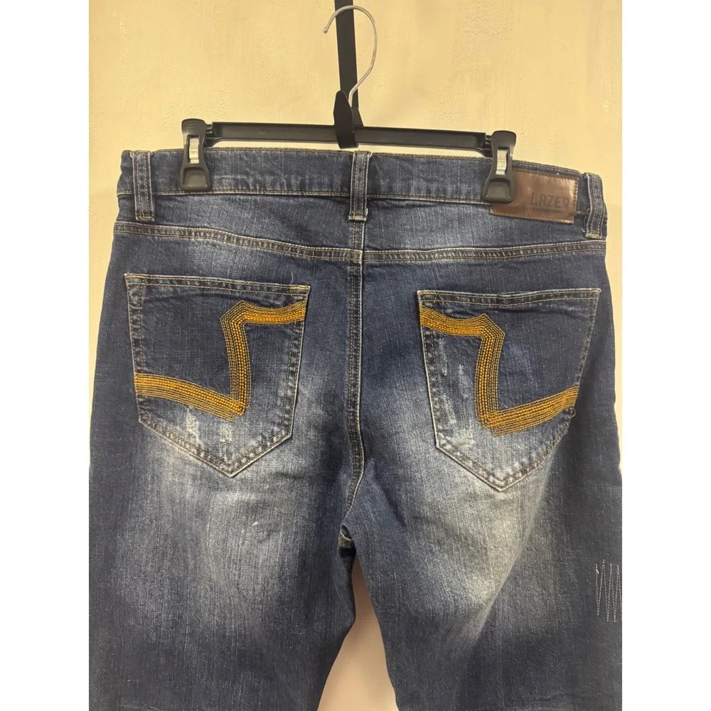 LAZER Mens 34x30 Blue Wash‎ Distressed Denim Jeans Straight Fit
